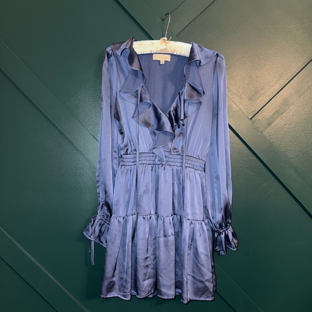 Pinch Slate Blue Ruffled V-Neck Long Sleeve Dress